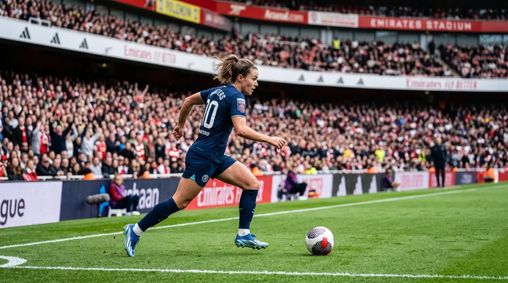 Futbolista profesional conduciendo el balon en partido oficial