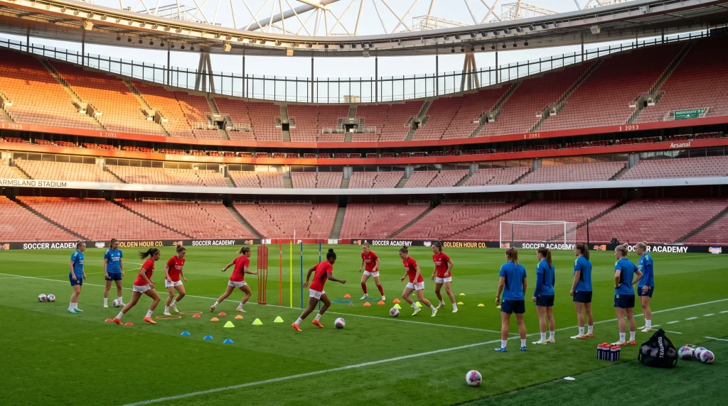 Sesión de entrenamiento de equipo femenino con conos y balones en césped