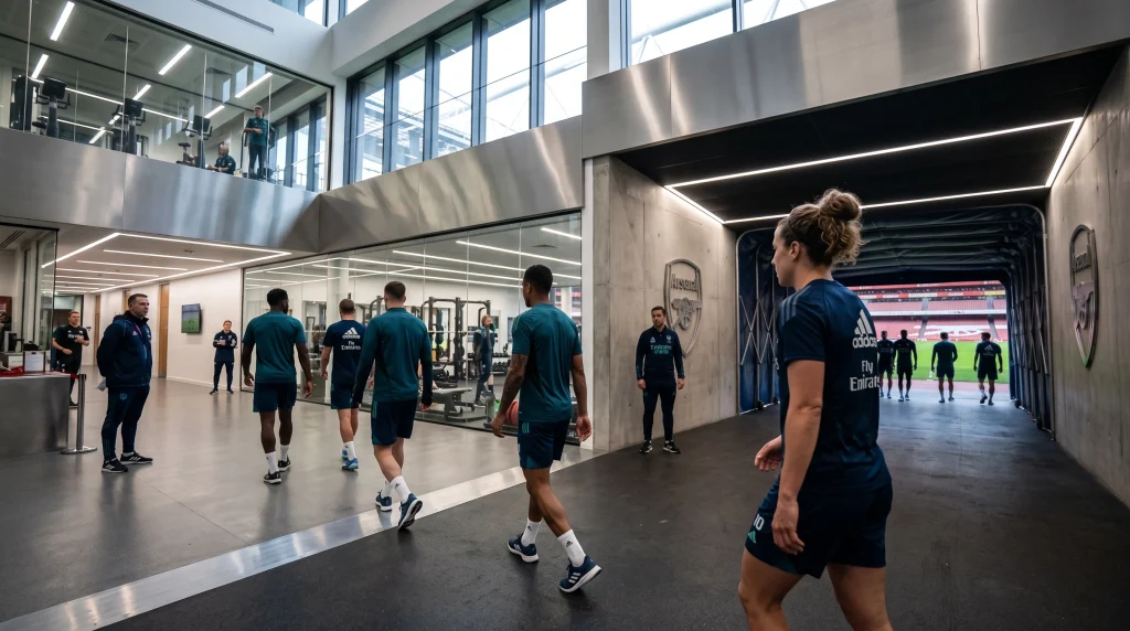 Mitos Anatómicos y Morfología en el Fútbol Profesional: Análisis Científico y Rendimiento Deportivo 1 Futbolistas profesionales en tunel de vestuarios y centro de entrenamiento