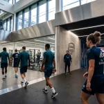 Futbolistas profesionales en tunel de vestuarios y centro de entrenamiento
